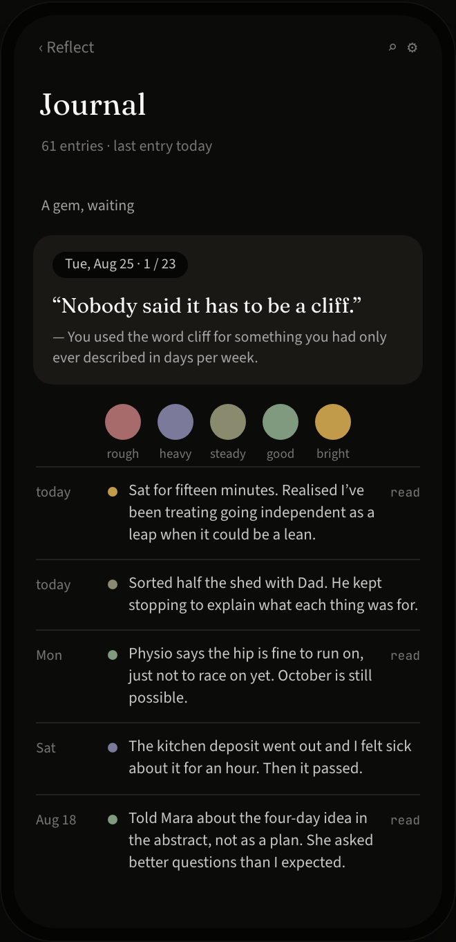 Journal list: recent entries, each with a mood, and a gem waiting at the top