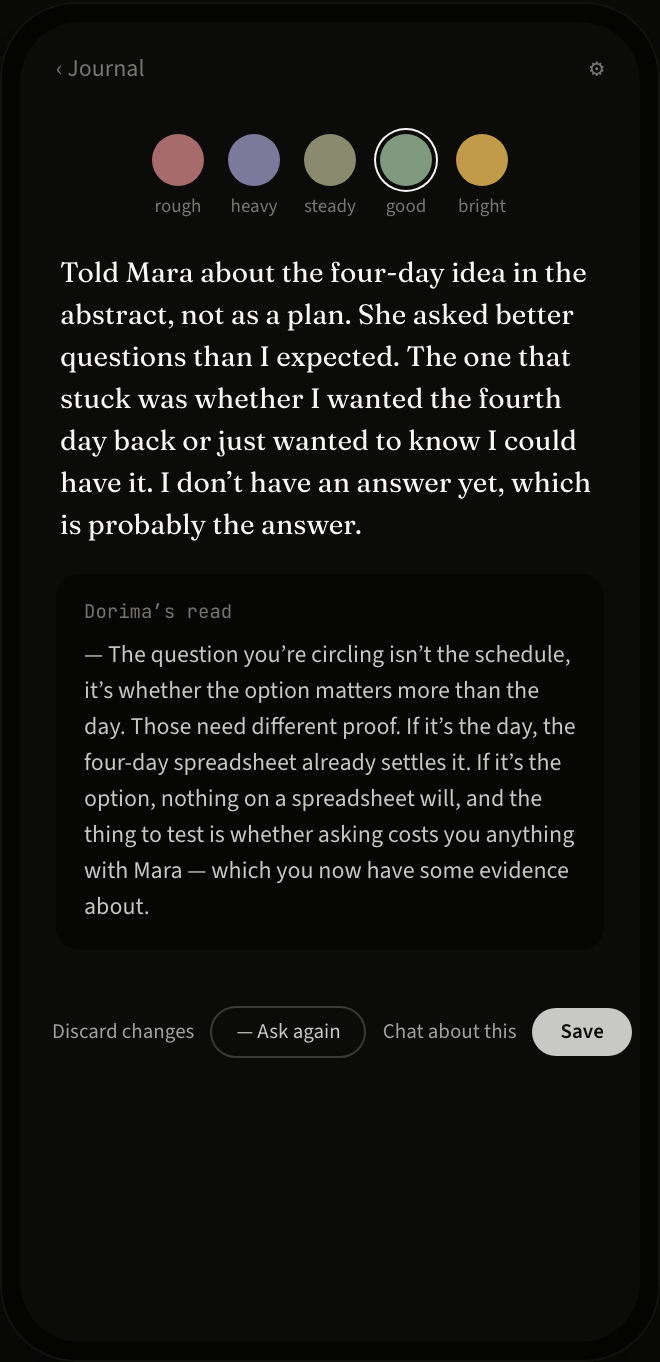 A journal entry open, with Dorima's read below it